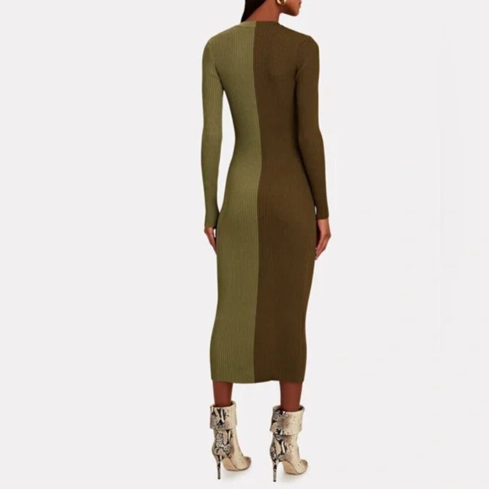 STAUD Shoko Olive & Green Ribbed Long Sleeve Knit Sweater Midi Dress S - Picture 2 of 8